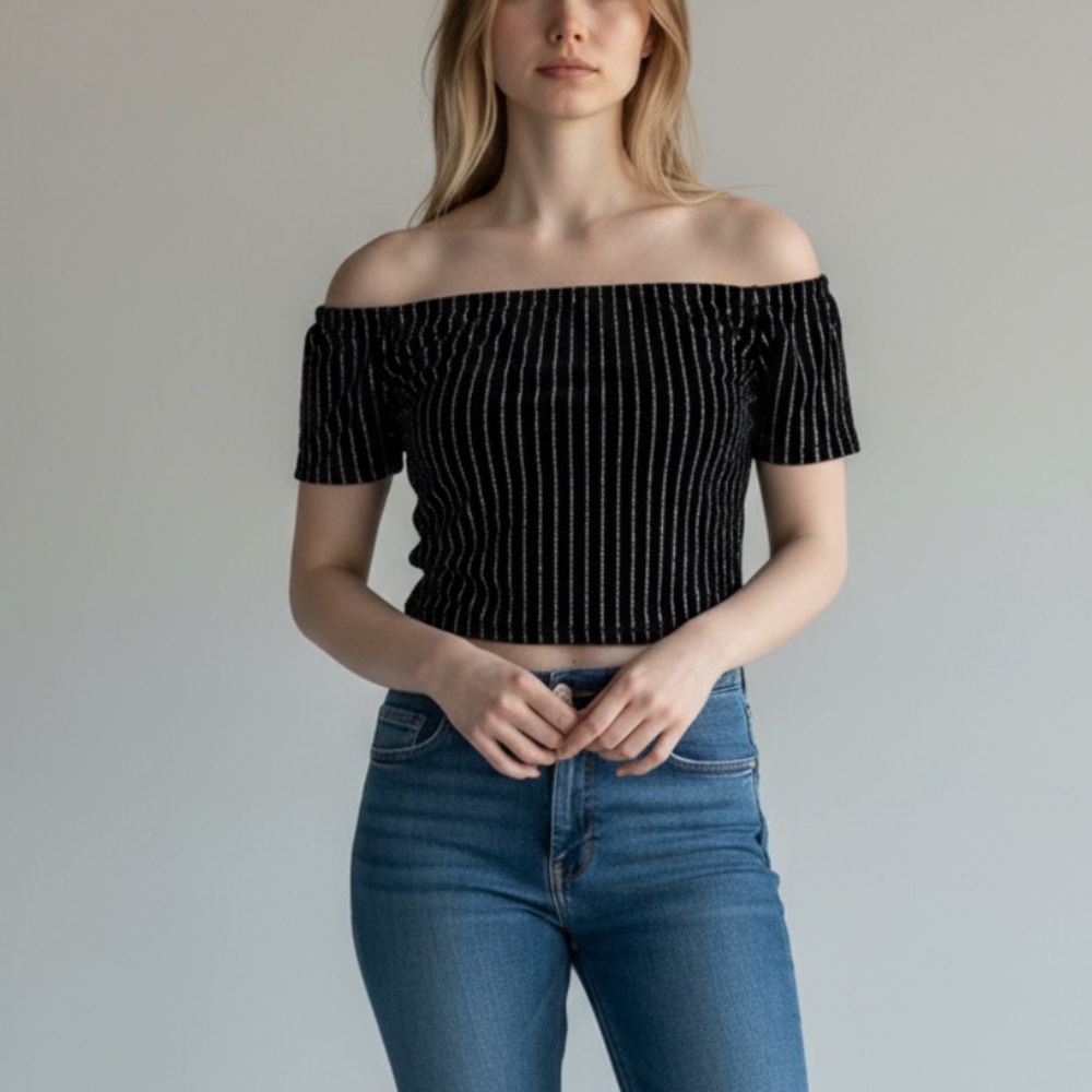 Forever 21 Velvet Striped Off The Shoulder Crop Top